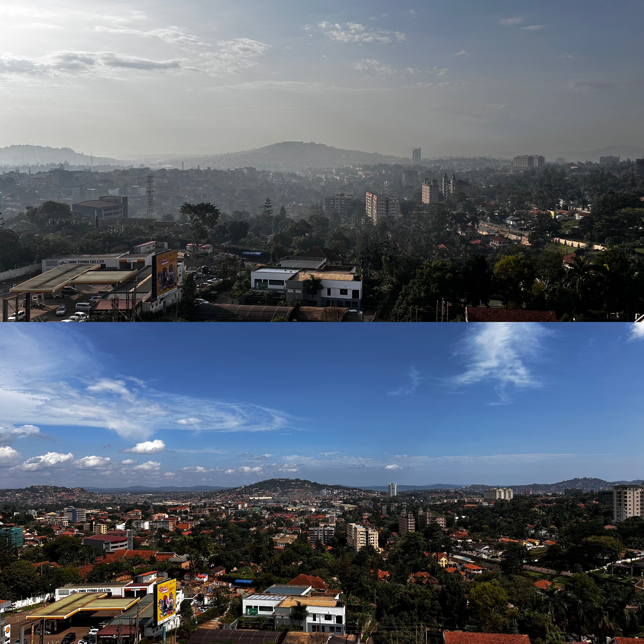Kampala skyline on days with high and low levels of air pollution. Photo credit: Melina Platas, September 2025